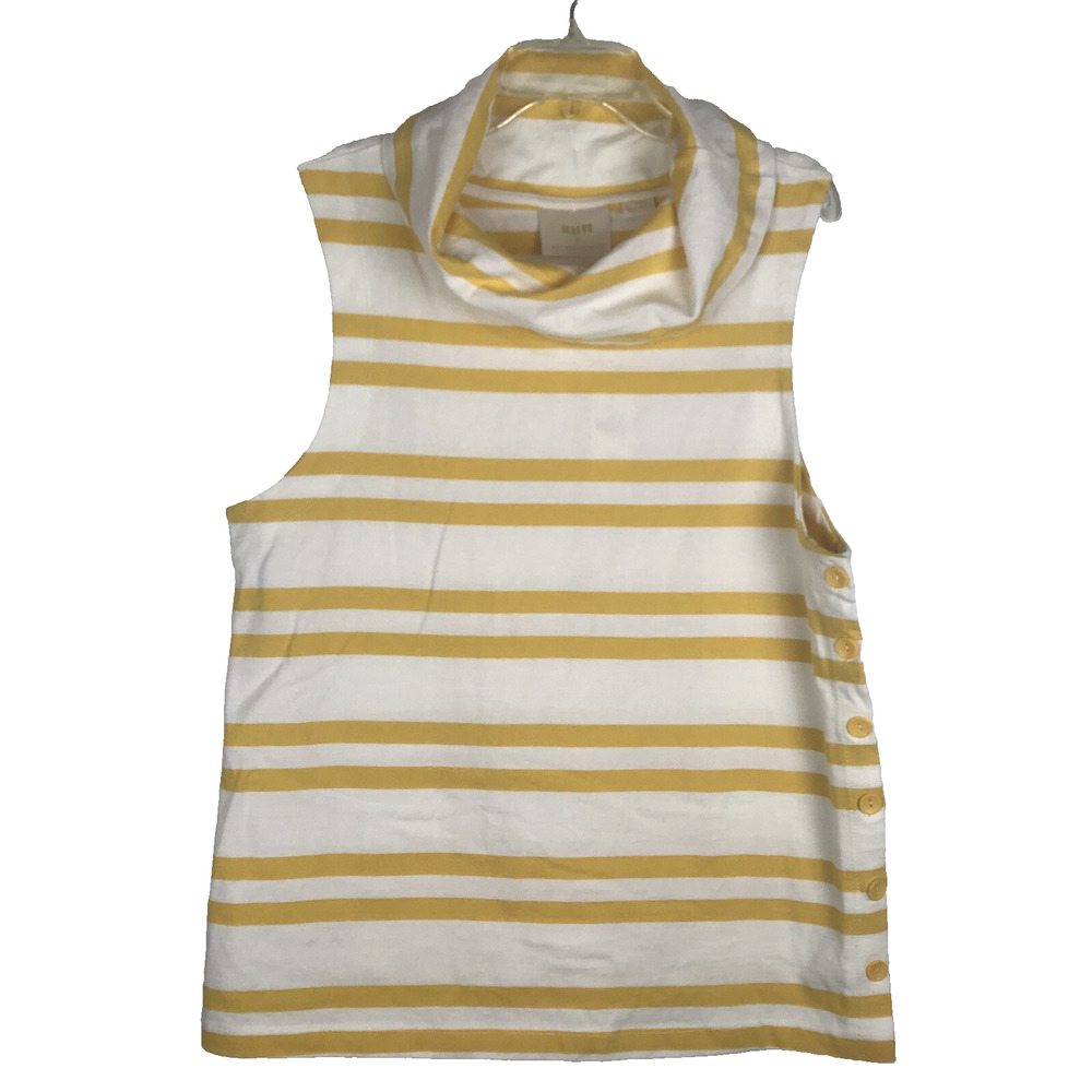 NWT Anthropologie Maeve Cowl Neck Sleeveless Top Stripe Yellow White Buttons Med